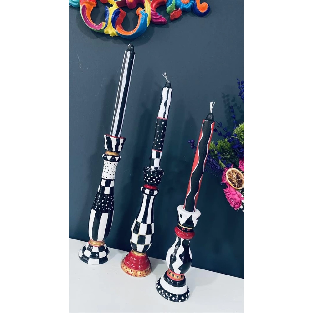 El Boyama Ahşap Şamdan Seti Damalı