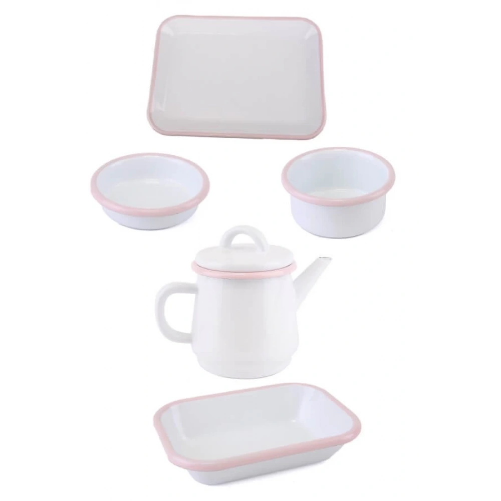 Emaye Çay Seti Pembe Kordonlu