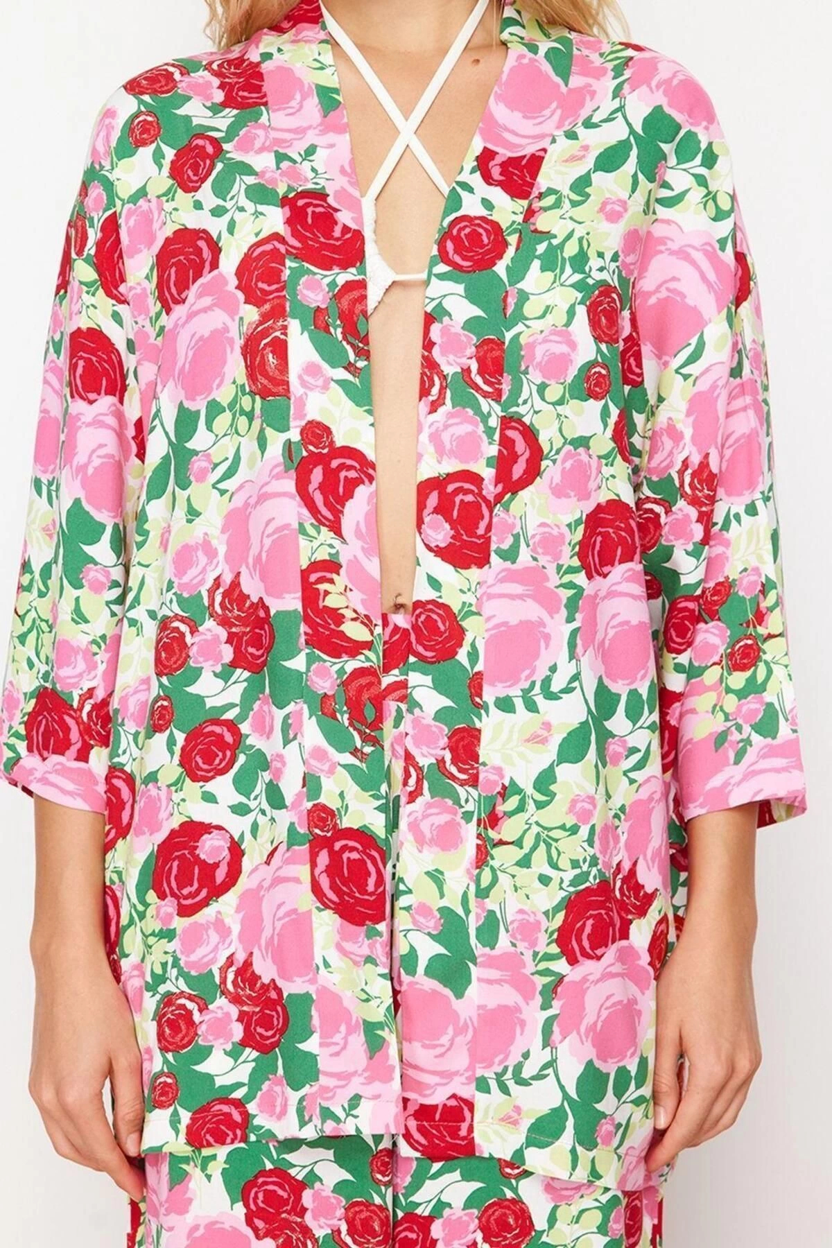 Alternative view of Moda Dokuma Şal Desen Kruvaze Plaj Dokuma Kimono Pantolon Takım