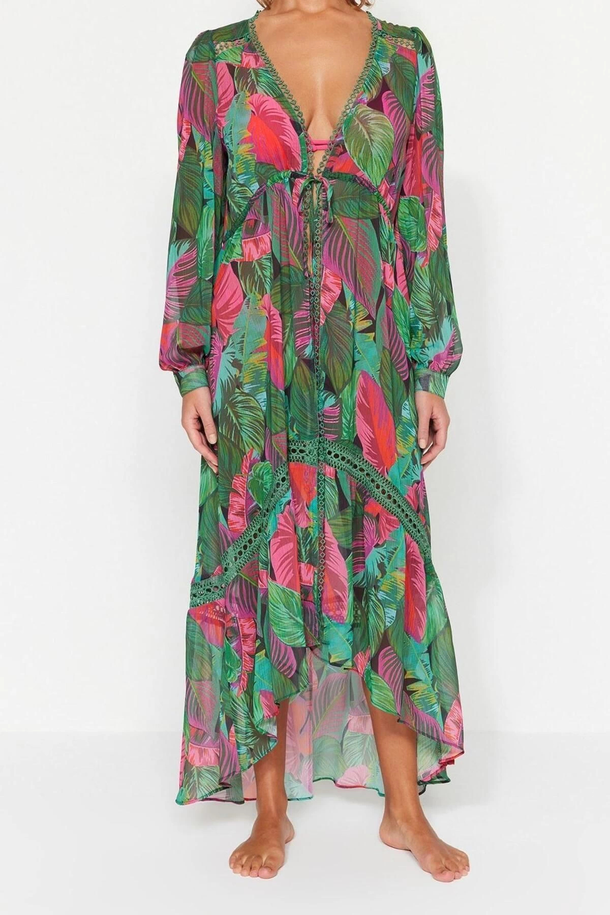 Alternative view of Moda Dokuma Rahat Kalıp Midi V Yaka Balon Kol Şifon Basic Tropikal Desen Kimono Kaftan