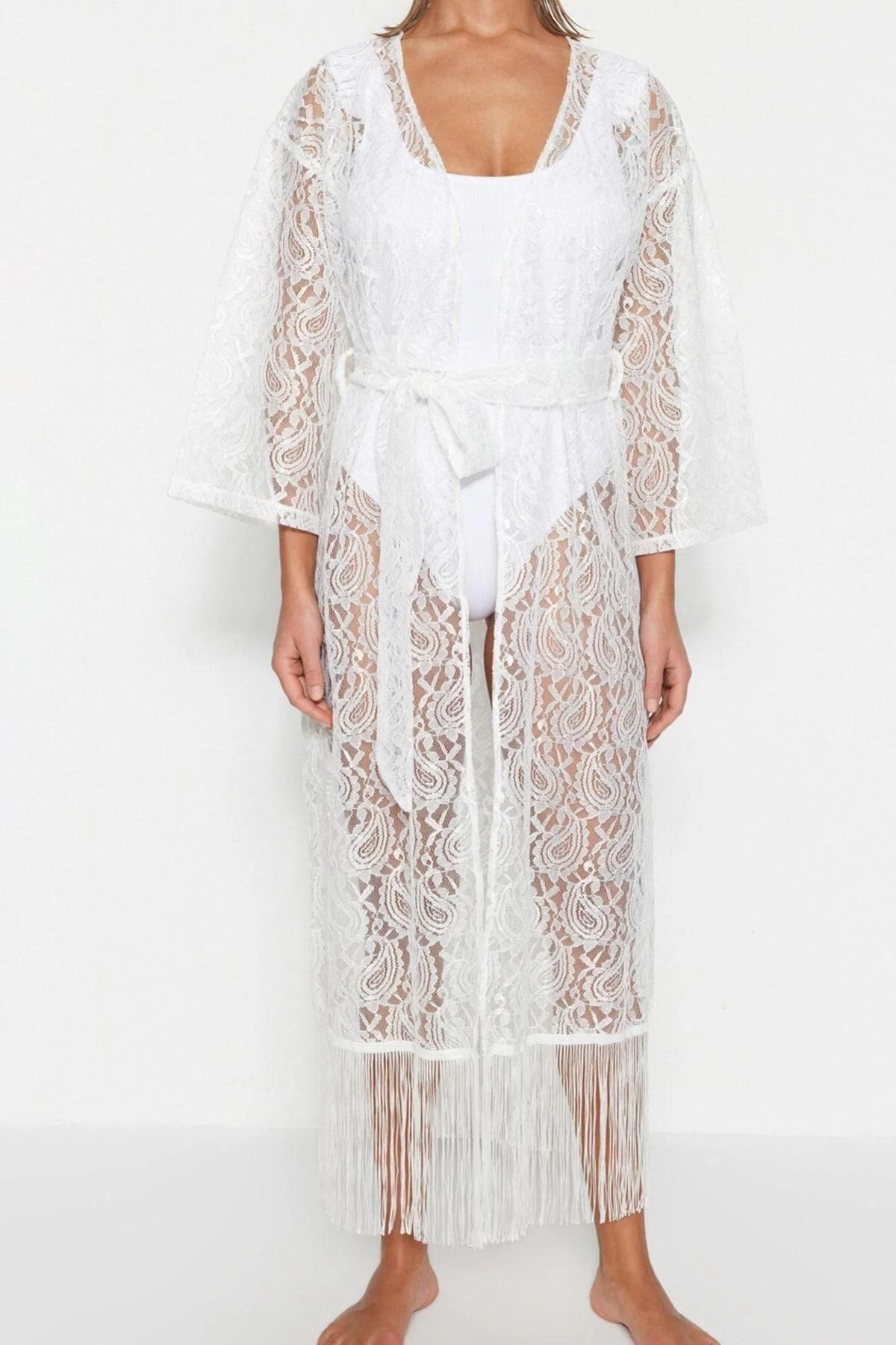 Alternative view of Moda Örme Regular Kalıp Midi V Yaka Standart Kol Dantel Basic Düz Desen Kimono Kaftan