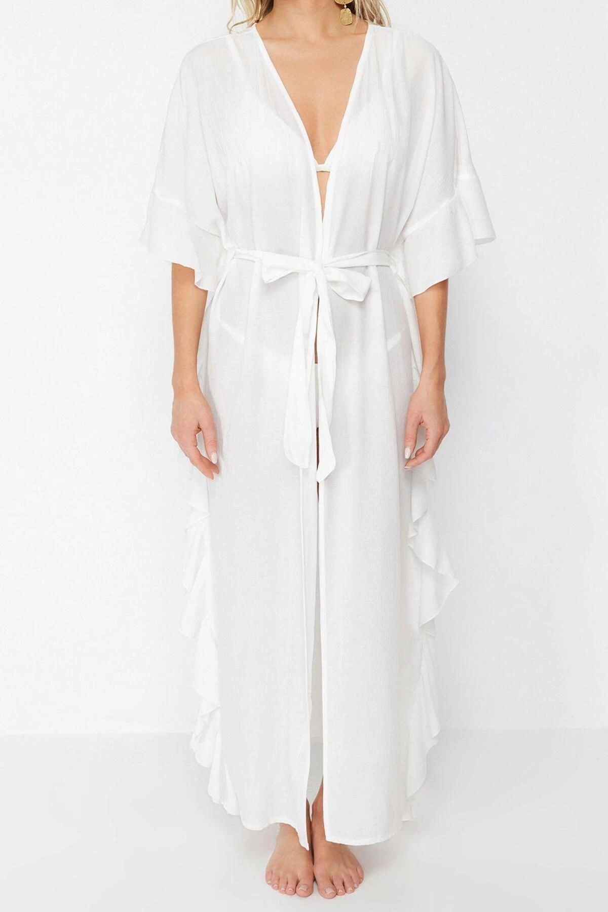 Alternative view of Moda Örme Rahat Kalıp Maxi V Yaka Standart Kol Crinkle Eteği Fırfırlı Düz Desen Kimono Kaftan