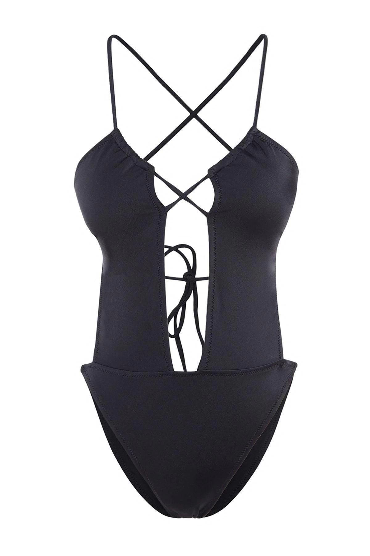 Alternative view of Kadın Moda Atma Kap Askılı Slip Yaka Siyah Derin Dekolteli Biyeli Normal Paça Mayo