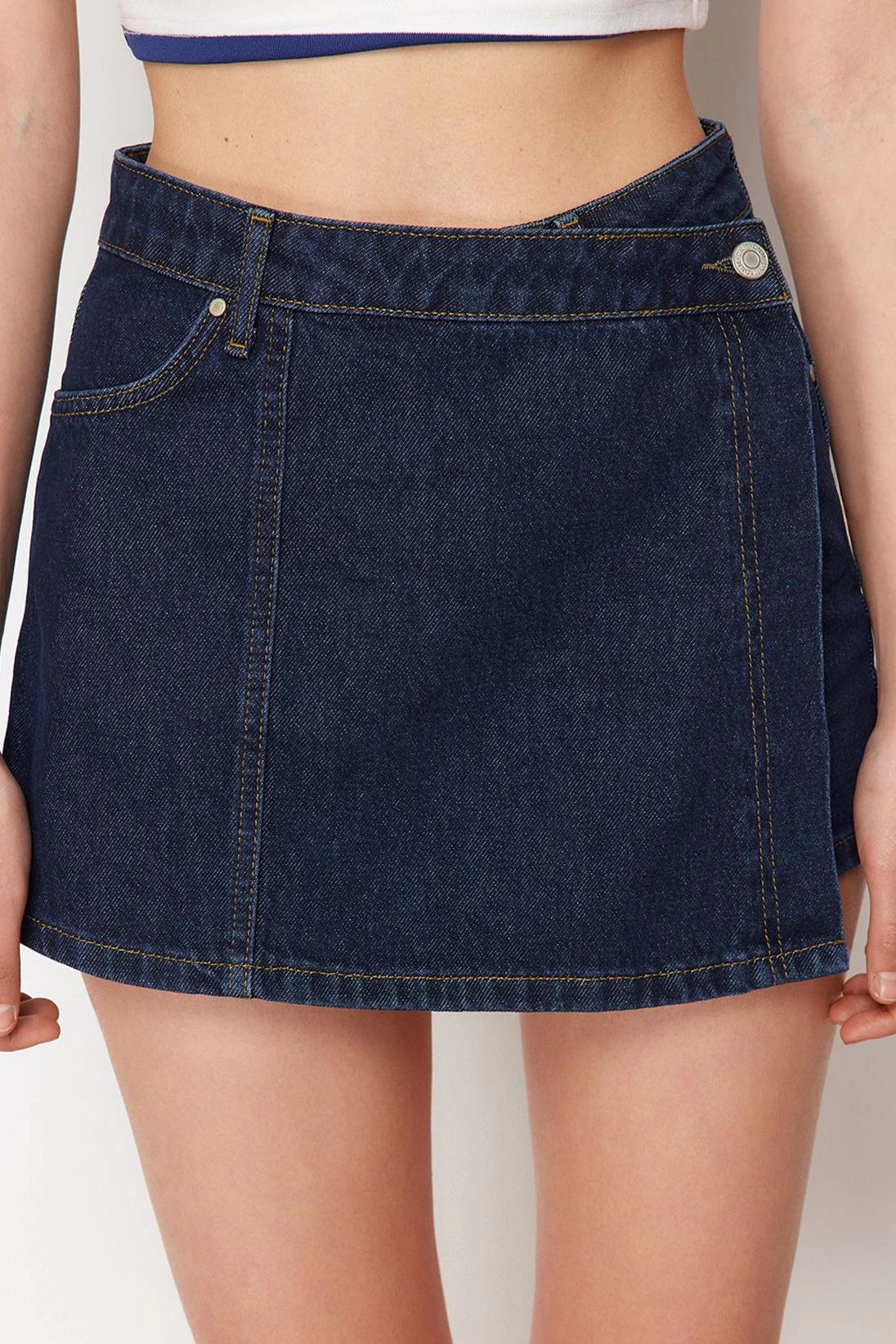 Alternative view of Moda Denim Yüksek Bel Boru Paça Gündelik Koyu Mavi Şort Etek