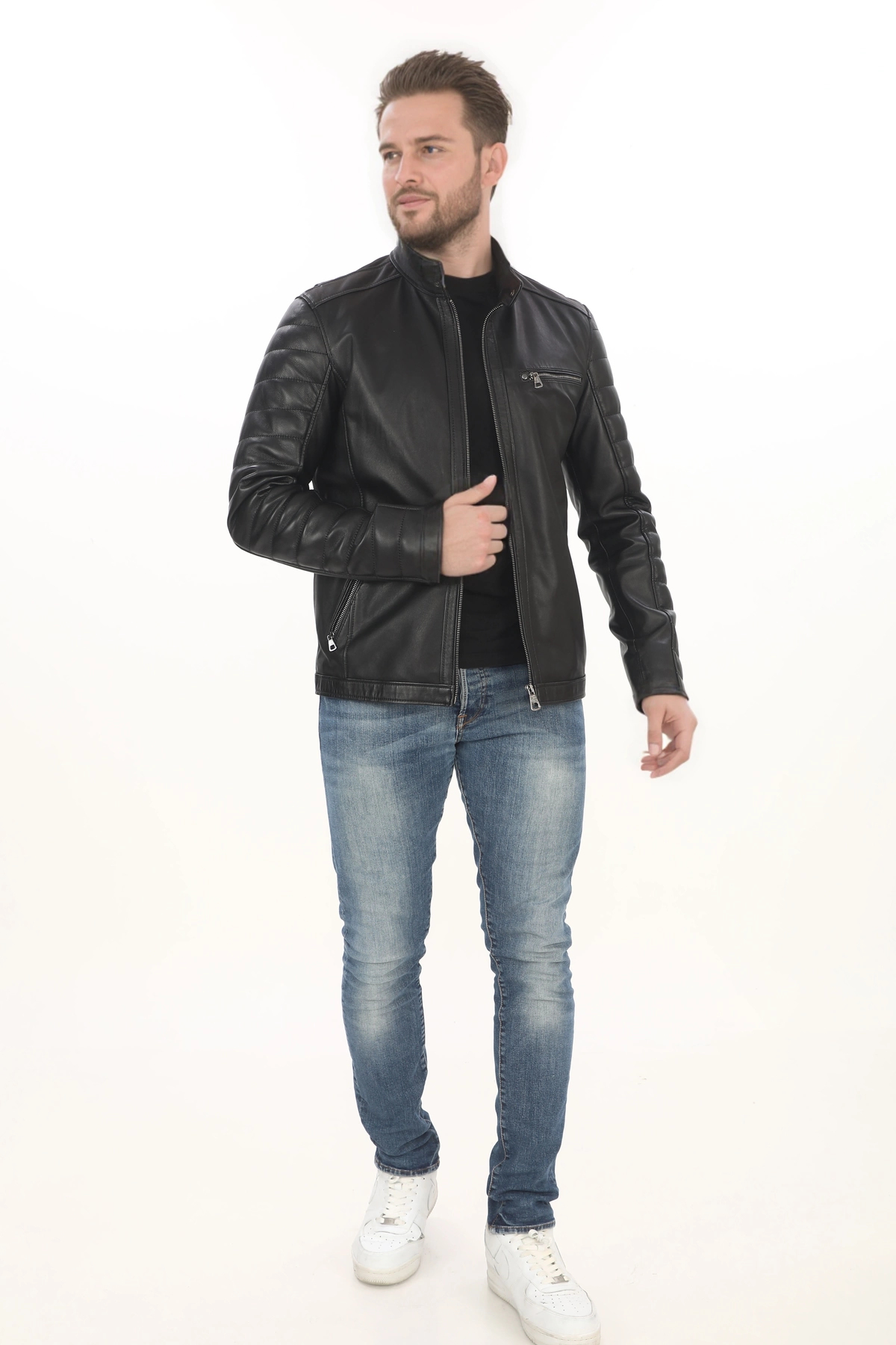 Erkek Kapitone Detaylı Derimont Şık Modern Hakiki Kuzu Derisi Erkek Siyah El Yapımı Biker Mont