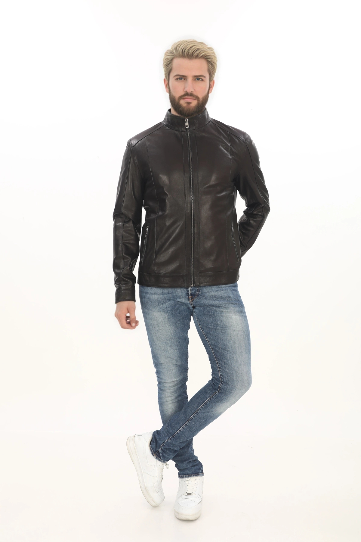 Erkek Biker Ruhuna Uygun Slim Fit Derimont Erkek Hakiki Kuzu Derisi Mont Siyah Fermuarlı Ceket