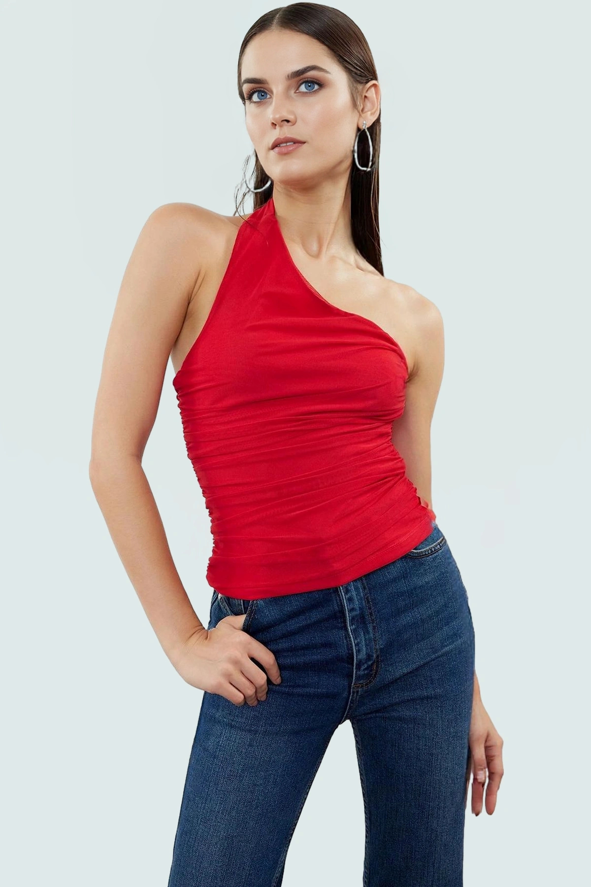 Asimetrik Yaka Kolsuz Fitted Örme Bluz Esnek Polyester Günlük Stil Kaliteli İşçilik Mükemmel Uyum