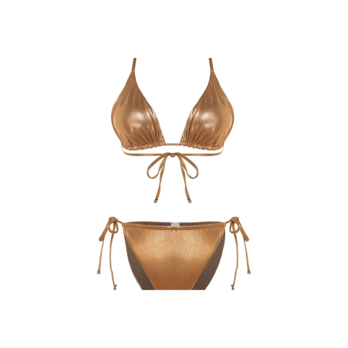 Yeni Normal Bel Brazilian Üçgen Tünelli Parlak Lak Baskılı High Leg Regular Bikini Takımı