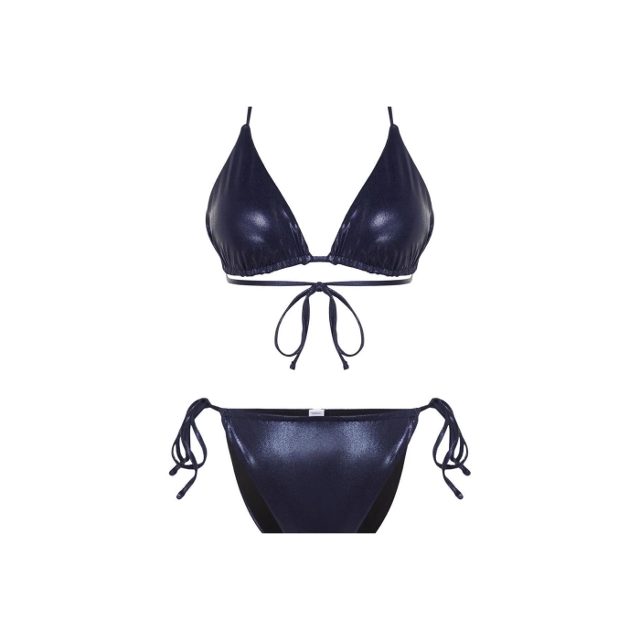 Yeni Normal Bel Brazilian Üçgen Tünelli Parlak Lak Baskılı High Leg Regular Bikini Takımı