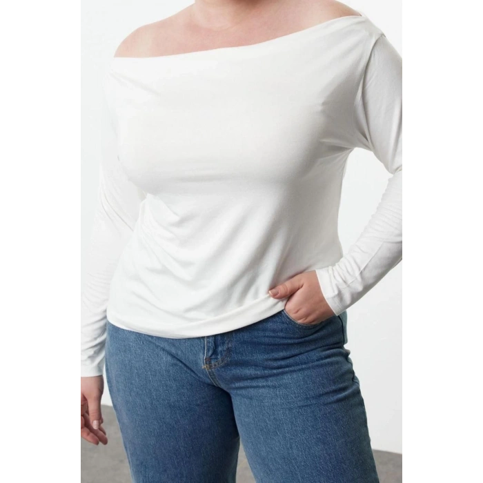 Kadın Moda Şık Büyük Beden Regular Carmen Yaka Düşük Kol Fitted Kalıp Örme Bluz