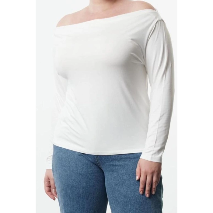 Kadın Moda Şık Büyük Beden Regular Carmen Yaka Düşük Kol Fitted Kalıp Örme Bluz