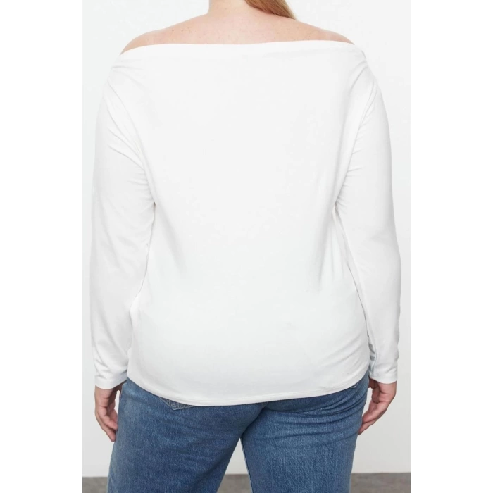 Kadın Moda Şık Büyük Beden Regular Carmen Yaka Düşük Kol Fitted Kalıp Örme Bluz
