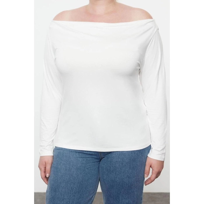 Kadın Moda Şık Büyük Beden Regular Carmen Yaka Düşük Kol Fitted Kalıp Örme Bluz