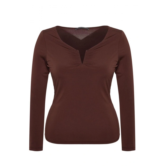 Kadın Moda Şık Büyük Beden Regular V Yaka Fitted Kalıp Örme Sandy Bluz