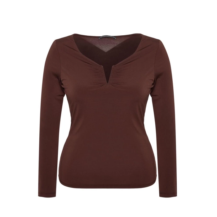 Kadın Moda Şık Büyük Beden Regular V Yaka Fitted Kalıp Örme Sandy Bluz