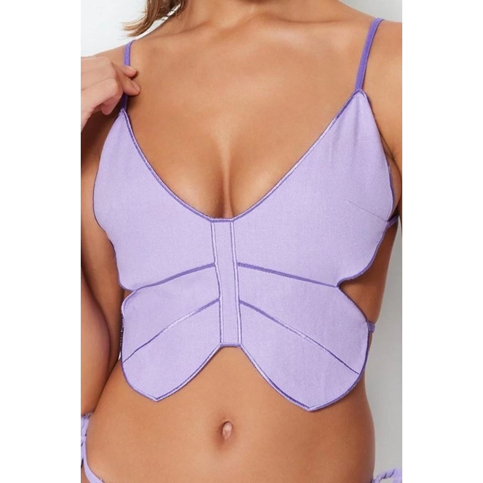 Kadın Moda Şık Üst Giyim Crop Kalp Yaka Slim Fit Kalıp Dokuma Nakışlı Keten Karışımlı Bluz