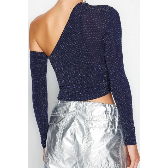 Kadın Moda Şık Üst Giyim Crop Asimetrik Yaka Fitted Kalıp Örme Parıltılı Simli Büstiyer