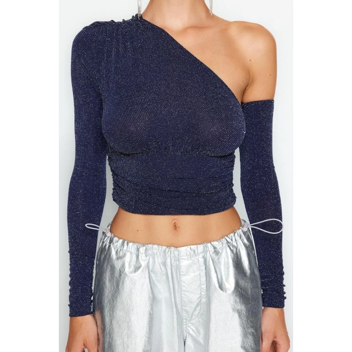 Kadın Moda Şık Üst Giyim Crop Asimetrik Yaka Fitted Kalıp Örme Parıltılı Simli Büstiyer