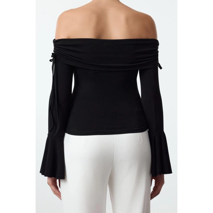 Womens Fashion Stylish Regular Carmen Collar Spanish Sleeve Regular Pattern Knitted Tie Detail Stylish Blouse
