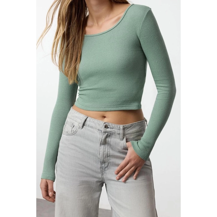 Kadın Crop Slim Kalıp Antrasit-Mint 2li Paket Fitted Vücuda Oturan Geniş Yaka Fitilli Esnek Bluz
