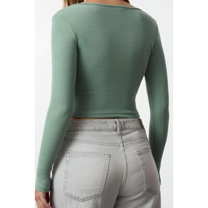 Kadın Crop Slim Kalıp Antrasit-Mint 2li Paket Fitted Vücuda Oturan Geniş Yaka Fitilli Esnek Bluz