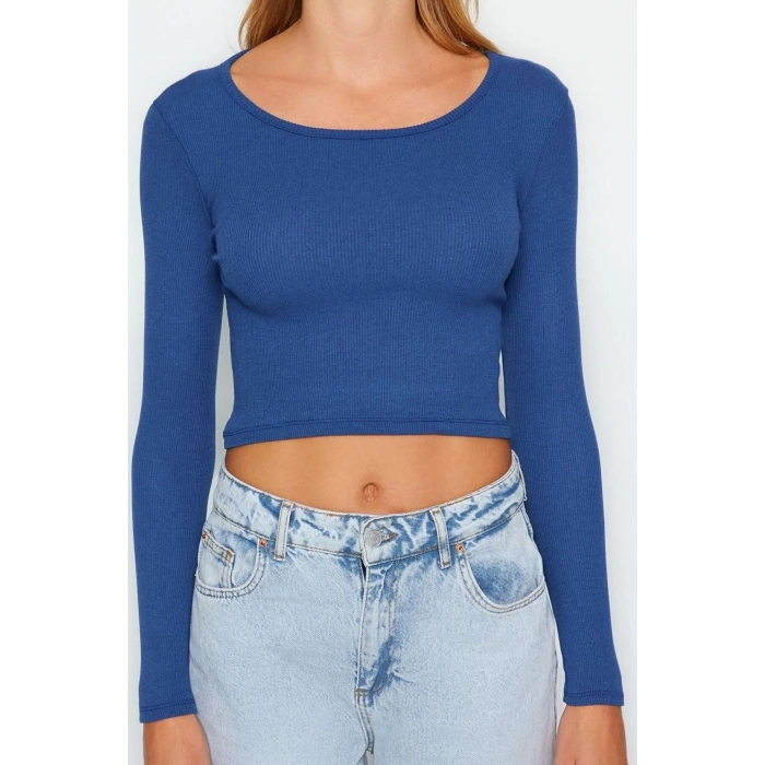 Kadın Crop Slim Kalıp Antrasit-Mint 2li Paket Fitted Vücuda Oturan Geniş Yaka Fitilli Esnek Bluz