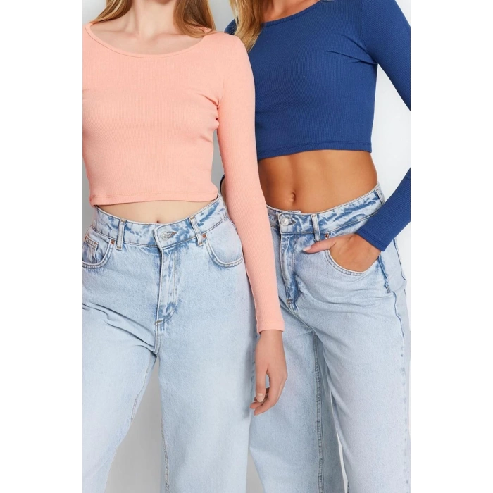 Kadın Crop Slim Kalıp Antrasit-Mint 2li Paket Fitted Vücuda Oturan Geniş Yaka Fitilli Esnek Bluz