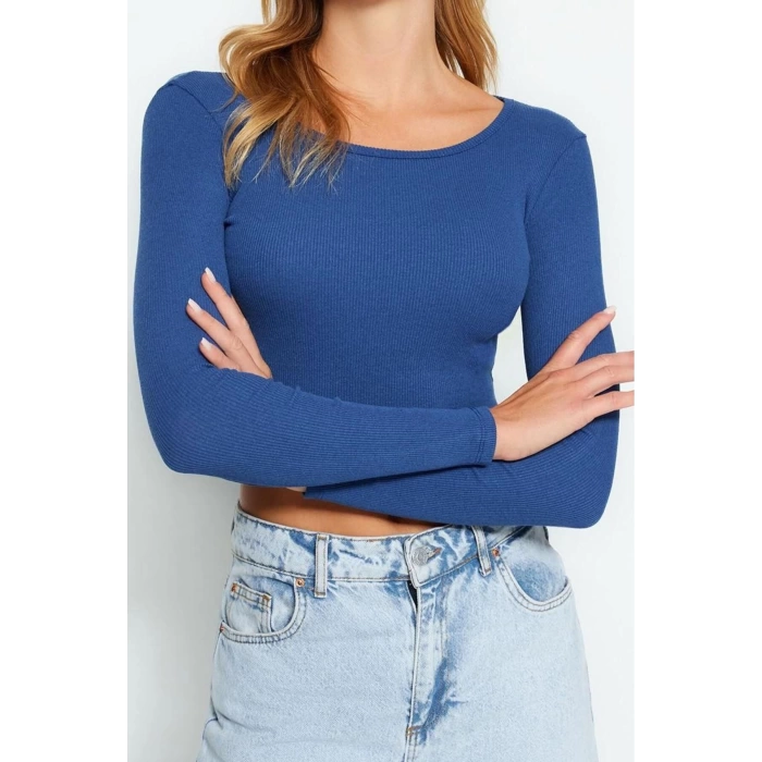 Kadın Crop Slim Kalıp Antrasit-Mint 2li Paket Fitted Vücuda Oturan Geniş Yaka Fitilli Esnek Bluz