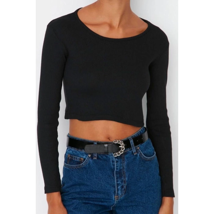 Kadın Crop Slim Kalıp Antrasit-Mint 2li Paket Fitted Vücuda Oturan Geniş Yaka Fitilli Esnek Bluz