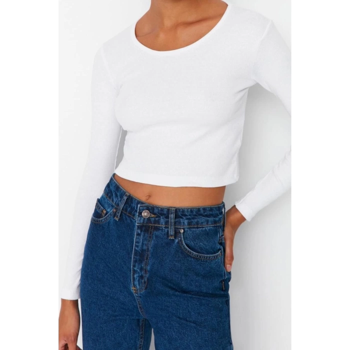 Kadın Crop Slim Kalıp Antrasit-Mint 2li Paket Fitted Vücuda Oturan Geniş Yaka Fitilli Esnek Bluz