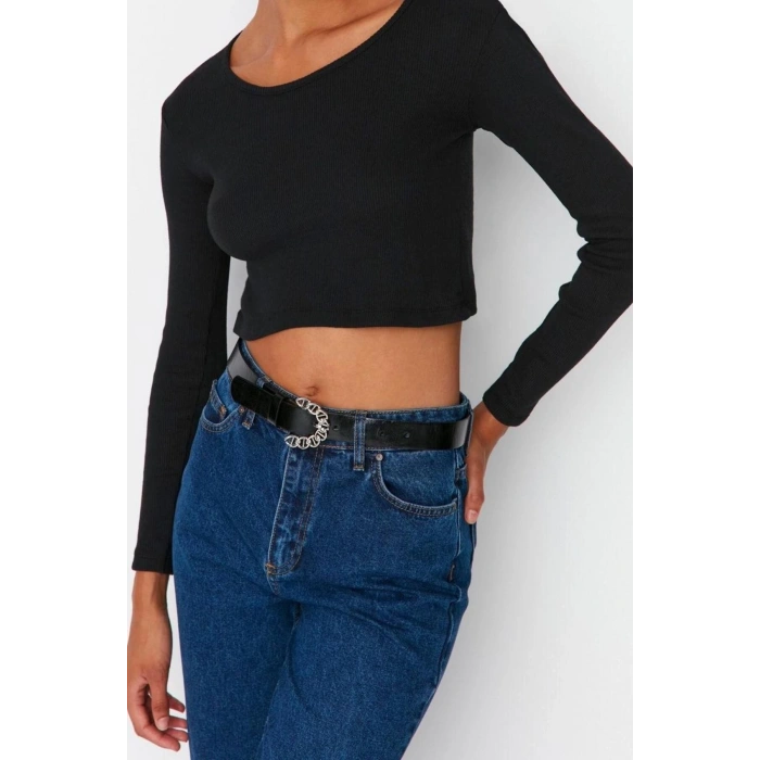 Kadın Crop Slim Kalıp Antrasit-Mint 2li Paket Fitted Vücuda Oturan Geniş Yaka Fitilli Esnek Bluz