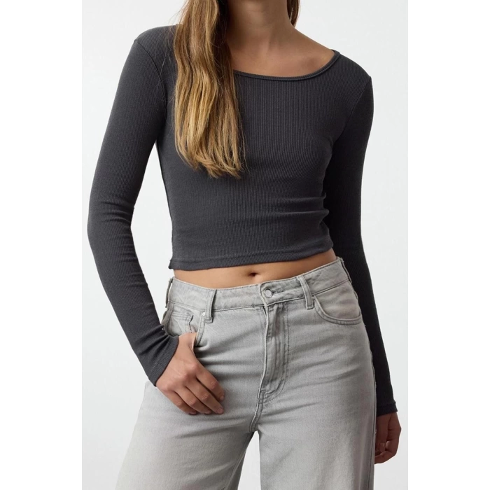 Kadın Crop Slim Kalıp Antrasit-Mint 2li Paket Fitted Vücuda Oturan Geniş Yaka Fitilli Esnek Bluz