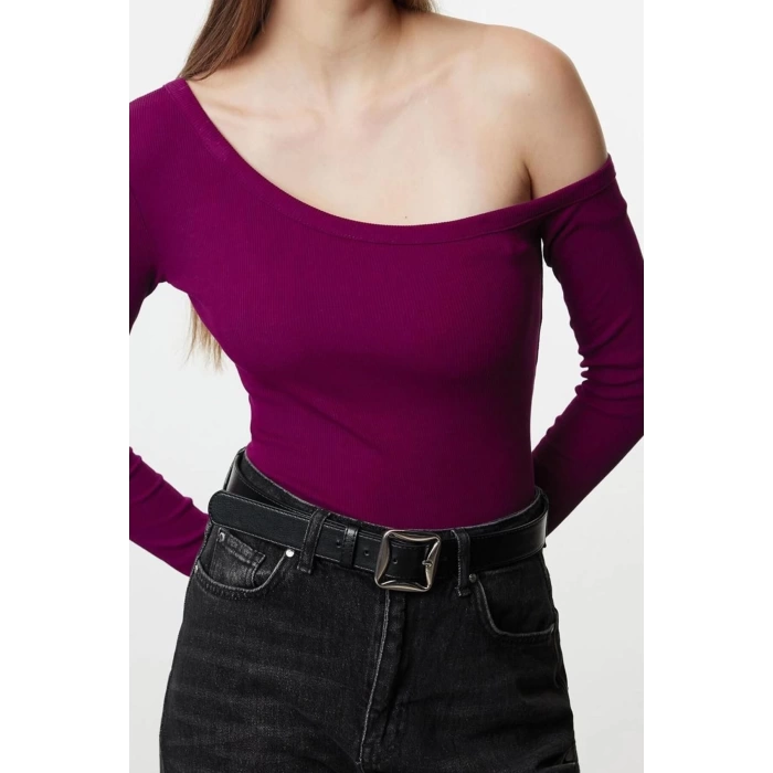 Womens Regular Slim Pattern Knitted Fitted Body-Sit Open Shoulder Ribbed Cotton Flexible Blouse