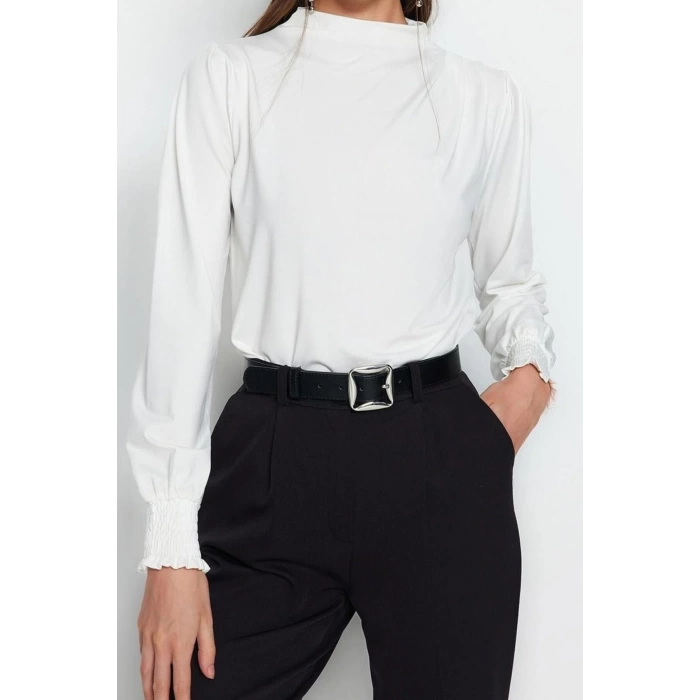 Kadın Moda Şık Üst Giyim Regular Dik Yaka Regular Kalıp Örme Fit Gipe Detaylı Esnek Bluz