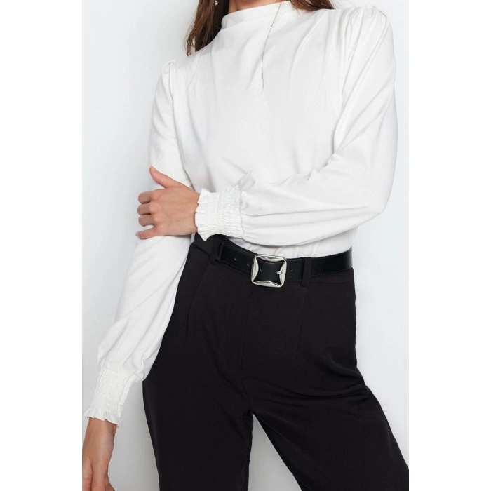 Kadın Moda Şık Üst Giyim Regular Dik Yaka Regular Kalıp Örme Fit Gipe Detaylı Esnek Bluz