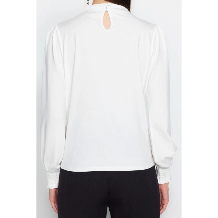 Kadın Moda Şık Üst Giyim Regular Dik Yaka Regular Kalıp Örme Fit Gipe Detaylı Esnek Bluz