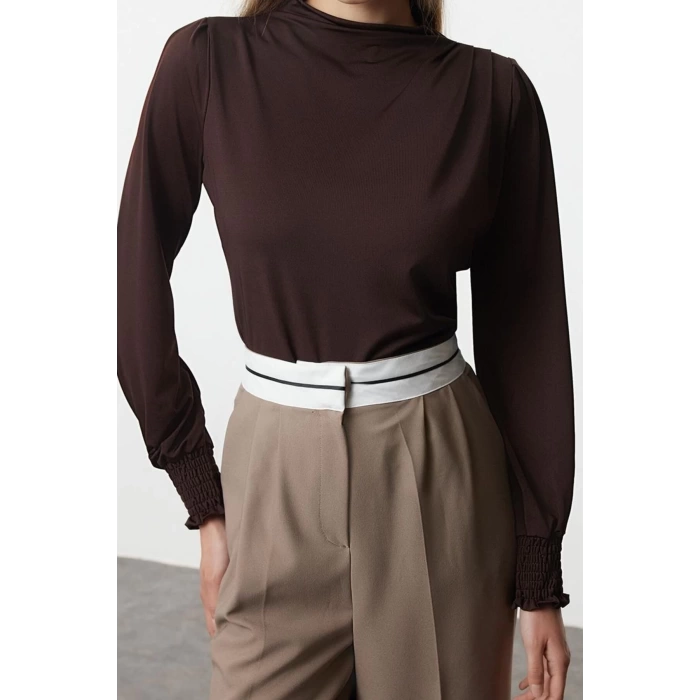 Kadın Moda Şık Üst Giyim Regular Dik Yaka Regular Kalıp Örme Fit Gipe Detaylı Esnek Bluz