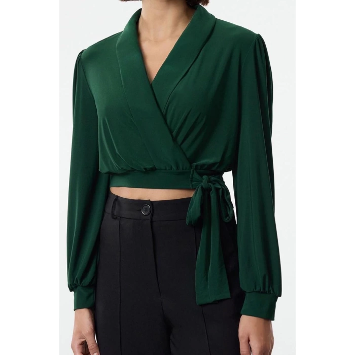 Women Fashion Stylish Tops Crop V Neck Balloon Sleeve Regular Pattern Knitted Double Breasted Closed Flexible Blouse
