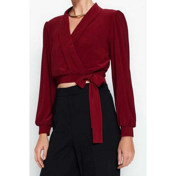 Women Fashion Stylish Tops Crop V Neck Balloon Sleeve Regular Pattern Knitted Double Breasted Closed Flexible Blouse