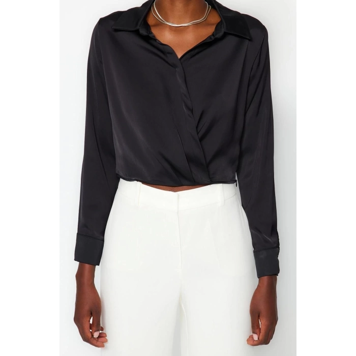 Kadın Moda Şık Üst Giyim Crop Gömlek Yaka Regular Kalıp Dokuma Saten Bluz