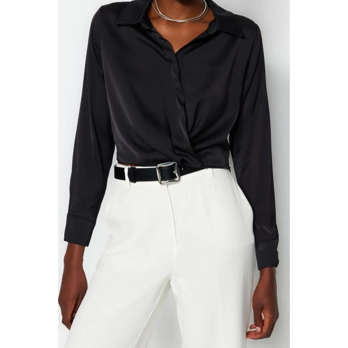 Kadın Moda Şık Üst Giyim Crop Gömlek Yaka Regular Kalıp Dokuma Saten Bluz