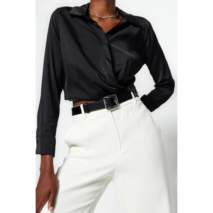 Kadın Moda Şık Üst Giyim Crop Gömlek Yaka Regular Kalıp Dokuma Saten Bluz