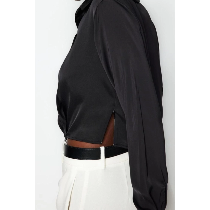 Kadın Moda Şık Üst Giyim Crop Gömlek Yaka Regular Kalıp Dokuma Saten Bluz