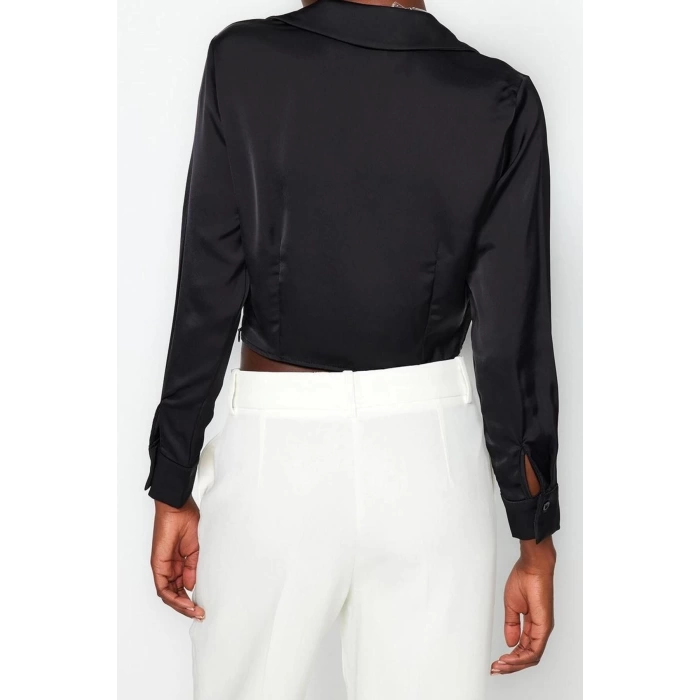 Kadın Moda Şık Üst Giyim Crop Gömlek Yaka Regular Kalıp Dokuma Saten Bluz