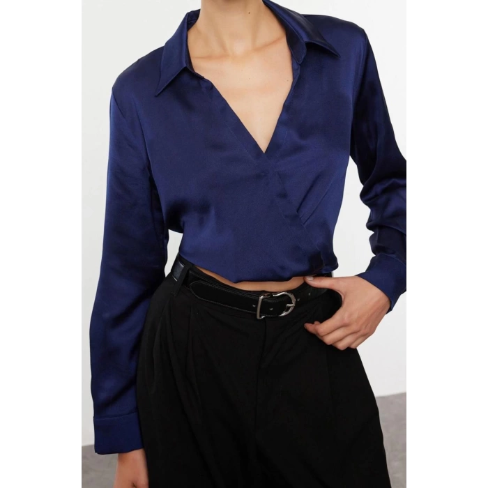 Kadın Moda Şık Üst Giyim Crop Gömlek Yaka Regular Kalıp Dokuma Saten Bluz