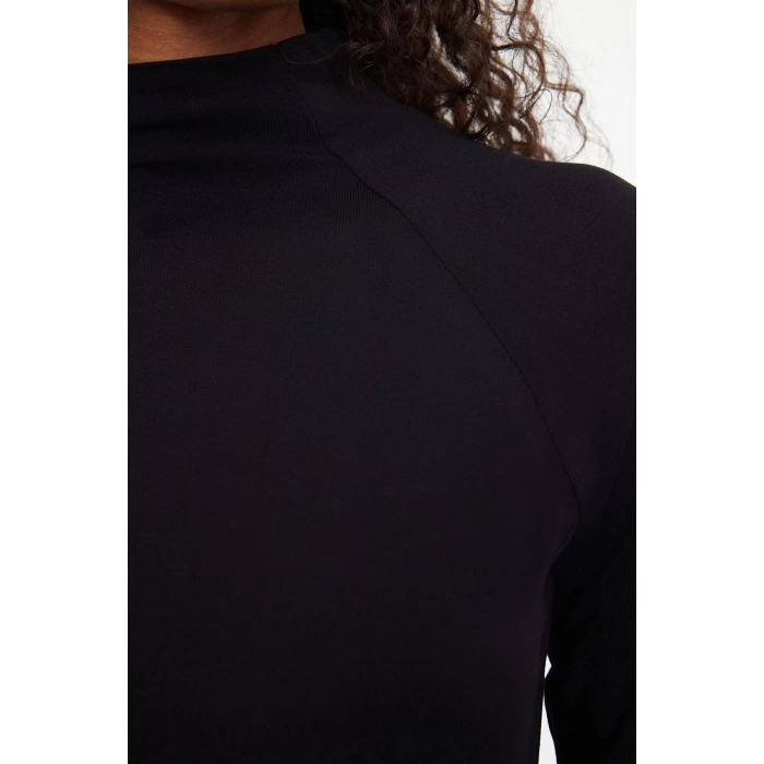 Kadın Moda Şık Üst Giyim Regular Dik Yaka Reglan Kol Slim Kalıp Örme Fitted Vücuda Oturan Bluz