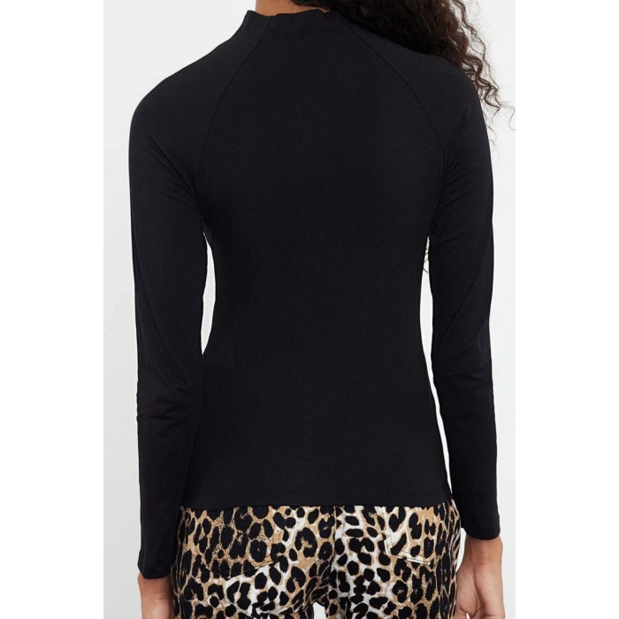 Kadın Moda Şık Üst Giyim Regular Dik Yaka Reglan Kol Slim Kalıp Örme Fitted Vücuda Oturan Bluz