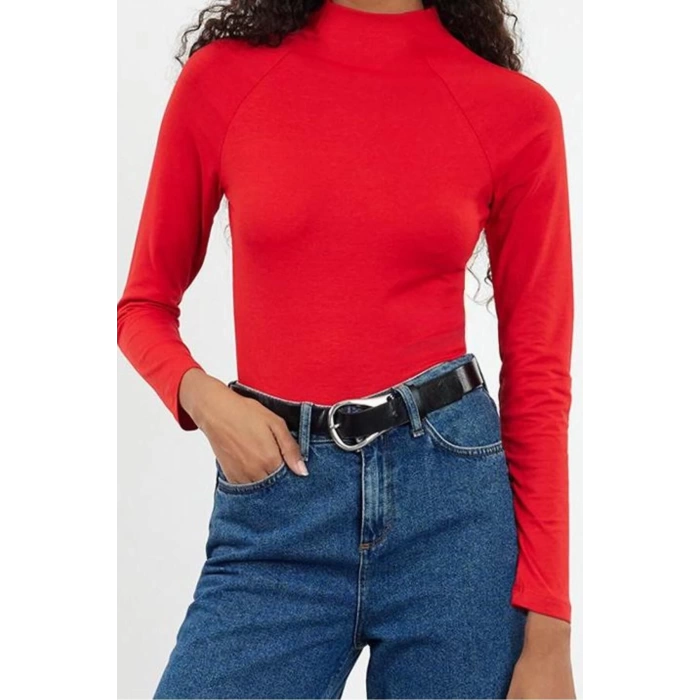 Kadın Moda Şık Üst Giyim Regular Dik Yaka Reglan Kol Slim Kalıp Örme Fitted Vücuda Oturan Bluz