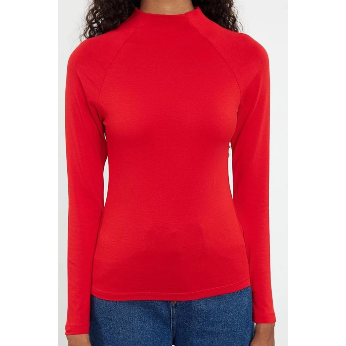 Kadın Moda Şık Üst Giyim Regular Dik Yaka Reglan Kol Slim Kalıp Örme Fitted Vücuda Oturan Bluz