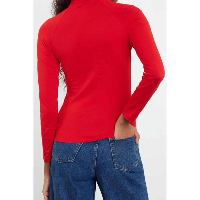 Kadın Moda Şık Üst Giyim Regular Dik Yaka Reglan Kol Slim Kalıp Örme Fitted Vücuda Oturan Bluz